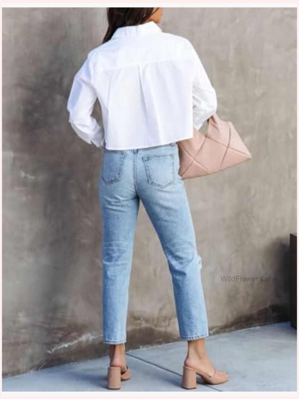 Women Cropped Long Sleeve Button Down Shirt with Pocket - Solid Casual Blouse - Picture 3 of 7